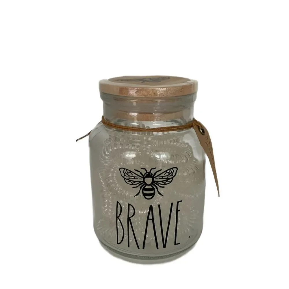 NWT Rae Dunn Bee Brave Jar Glass Canister with 25 Count Spiral Hair Ties